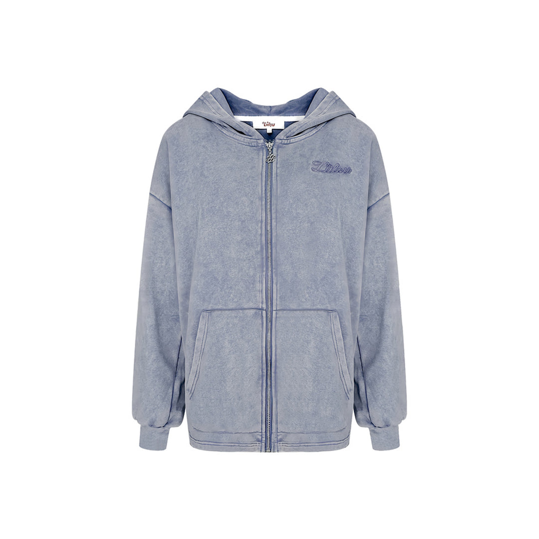 Liilou Logo Embroidery Zip Up Hoodie Washed Blue - Mores Studio