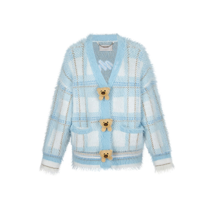 13De Marzo Bear Button Plaid Knit Cardigan Blue