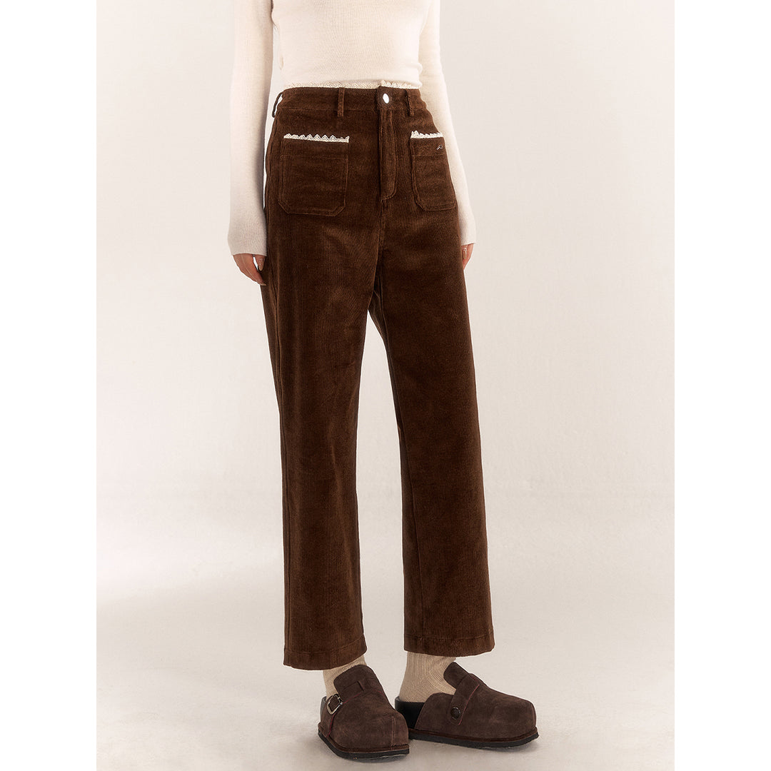 AsGony Retro Lace Patchwork Corduroy Pants Brown