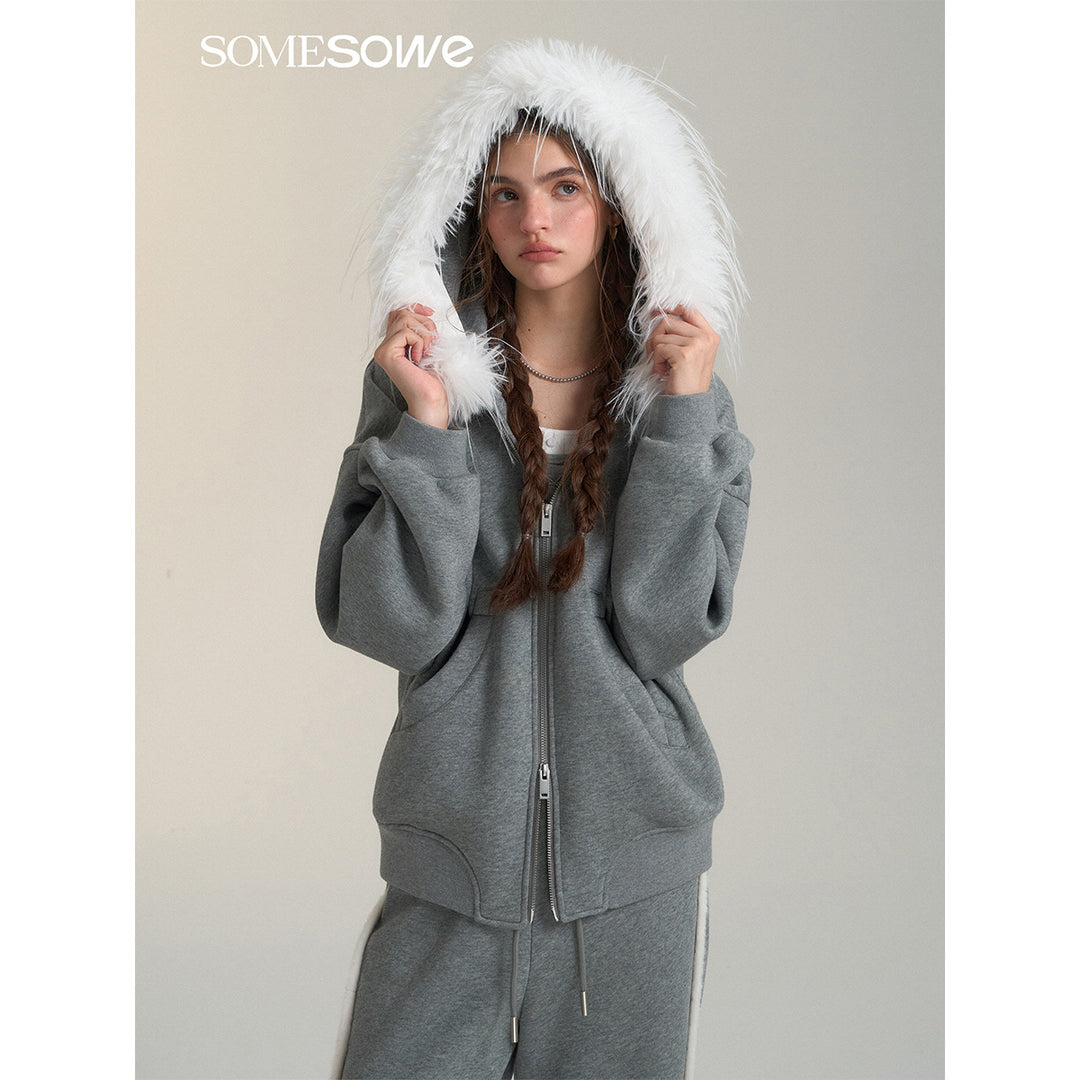 SomeSowe Detachable Fur Collar Hooded Top Jacket Gray