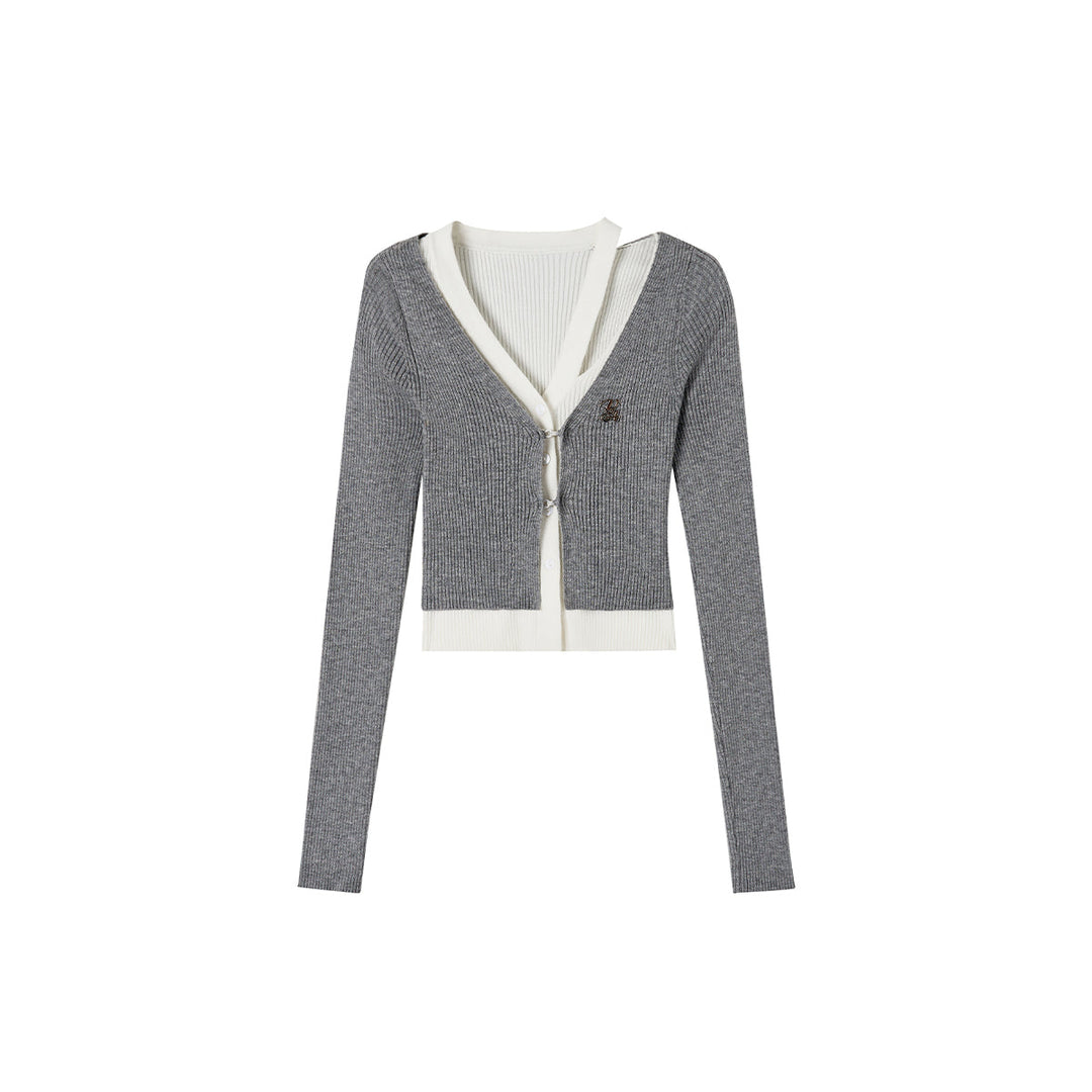 Via Pitti Color Blocked Fake-2-Piece Hollow Out Knit Cardigan Grey - Mores Studio