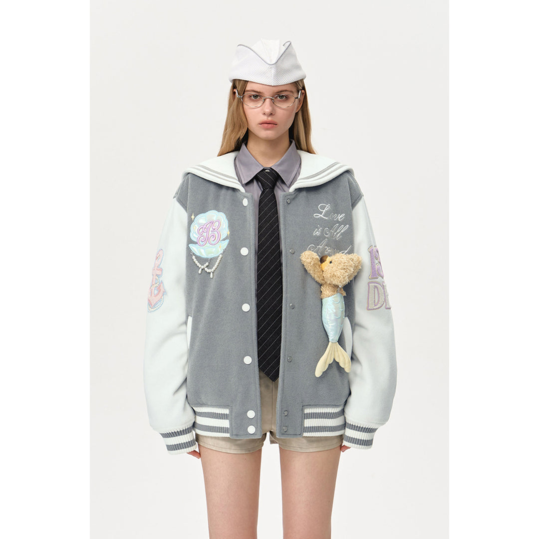 13De Marzo Sailor Collar Doozoo Mermaid Baseball Jacket Gray