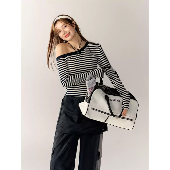 AsGony Striped Diagonal Shoulder Slim Top