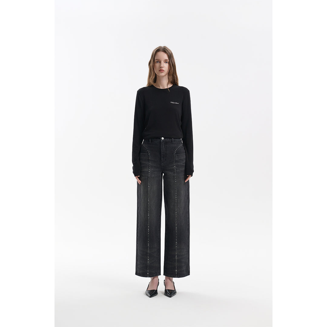 Three Quarters Hotfix Logo Tencel Wool Top Black