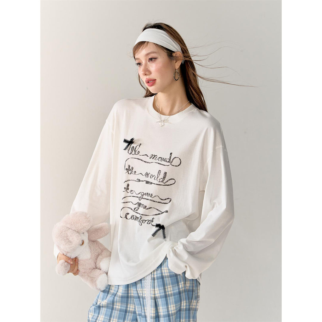 AsGony 3D Bow Knot Printed Casual L/S T-Shirt White