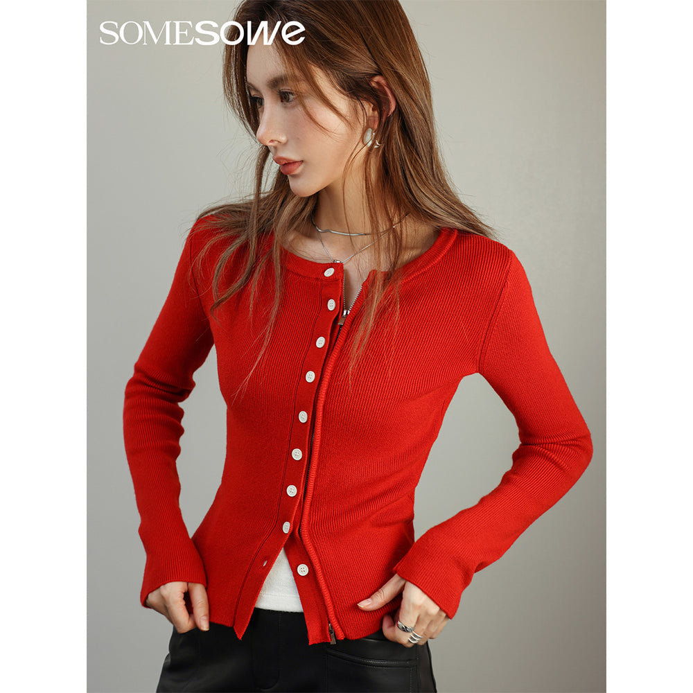 SomeSowe Double Placket Knit Top Red - Mores Studio