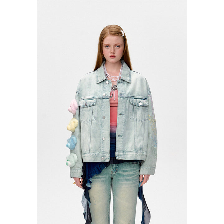 13De Marzo Rainbow Bear Line Retro Denim Jacket