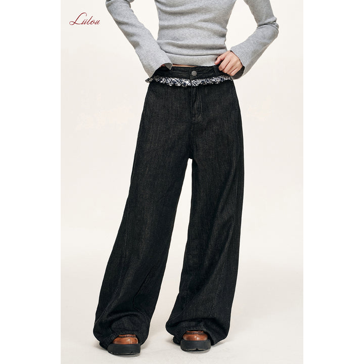 Liilou Plaid Stringy Lace Edge Wide-Leg Fleece-Lined Jeans