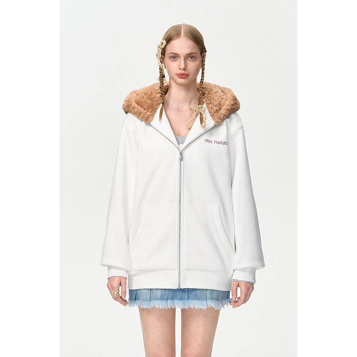 13De Marzo Bear Hood Zip Up Fuzzy Hoodie White