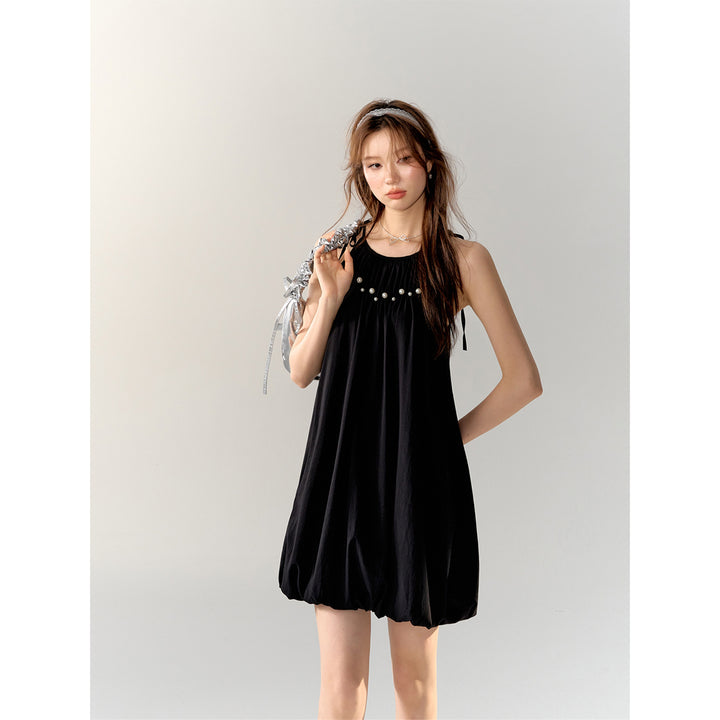 AsGony Pearl Bud Slip Puffy Dress Black