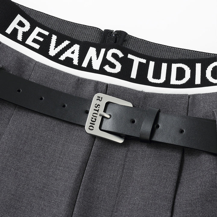 Revan Double Waist Logo Wide Leg Suit Pants Grey - Mores Studio