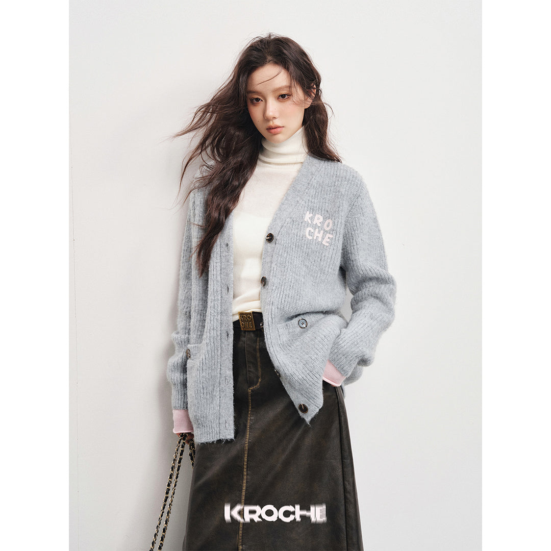 Kroche Color Blocked Logo Embroidery Knit Cardigan - Mores Studio