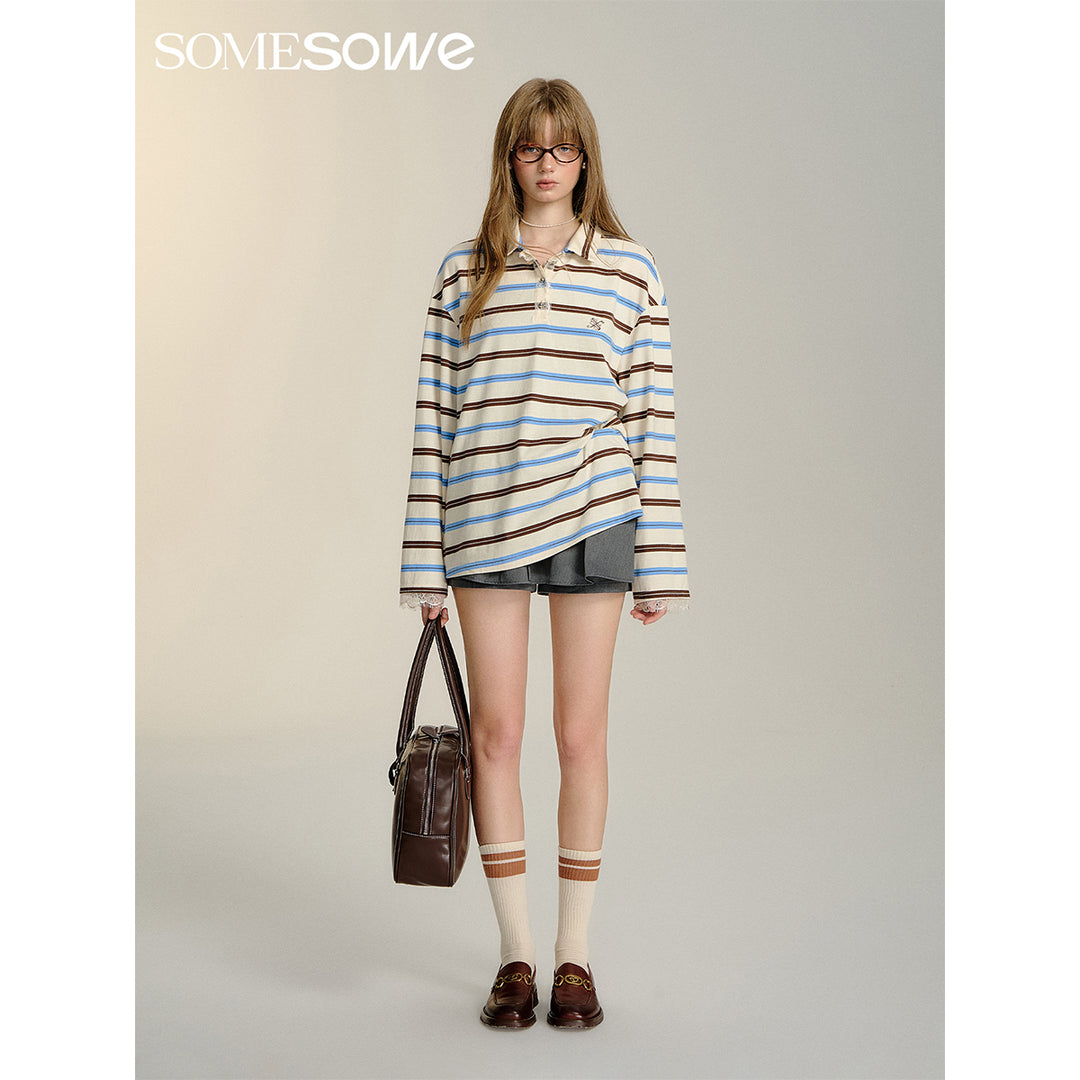 SomeSowe Lace Patchwork Striped Polo Long Sleeve T-Shirt