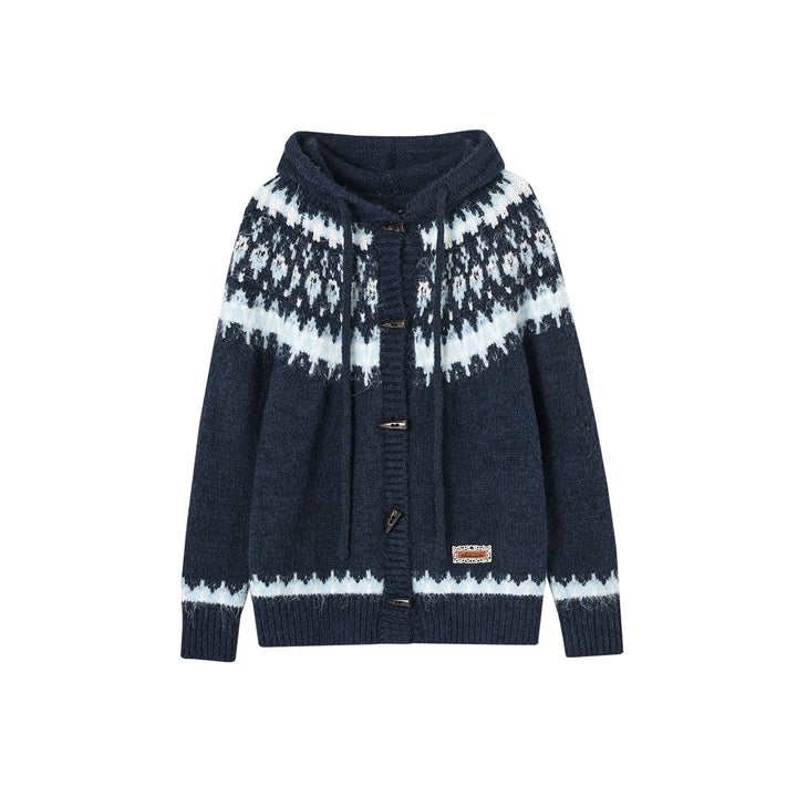 SomeSowe Fair Isle Hooded Knit Cardigan Navy Blue