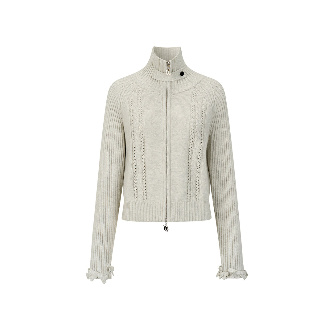 Via Pitti Heavy Bow High Collar Knit Zipped Cardigan Light Gray