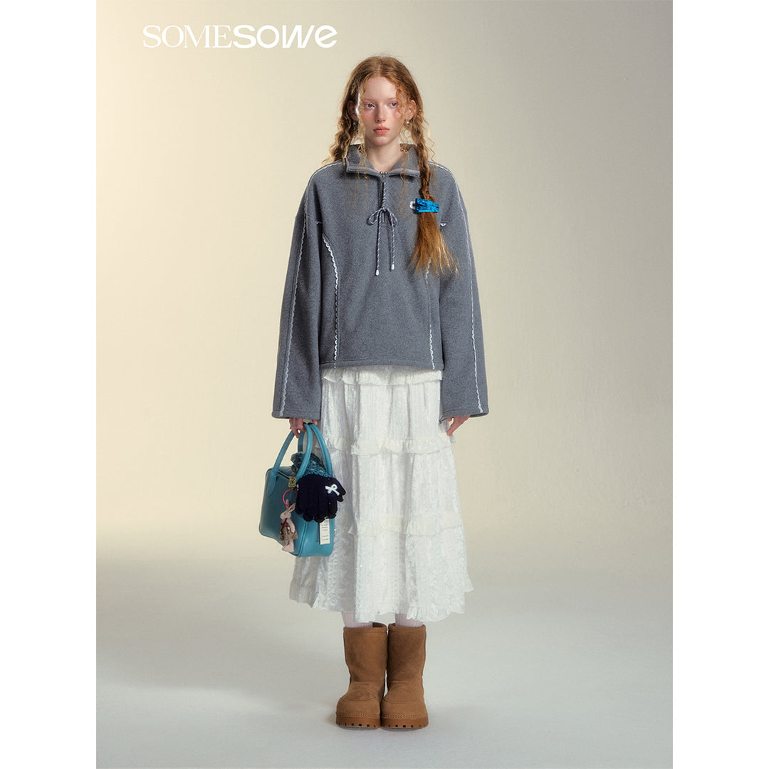 SomeSowe Lace Patchwork Fleece Sweatshirt Gray