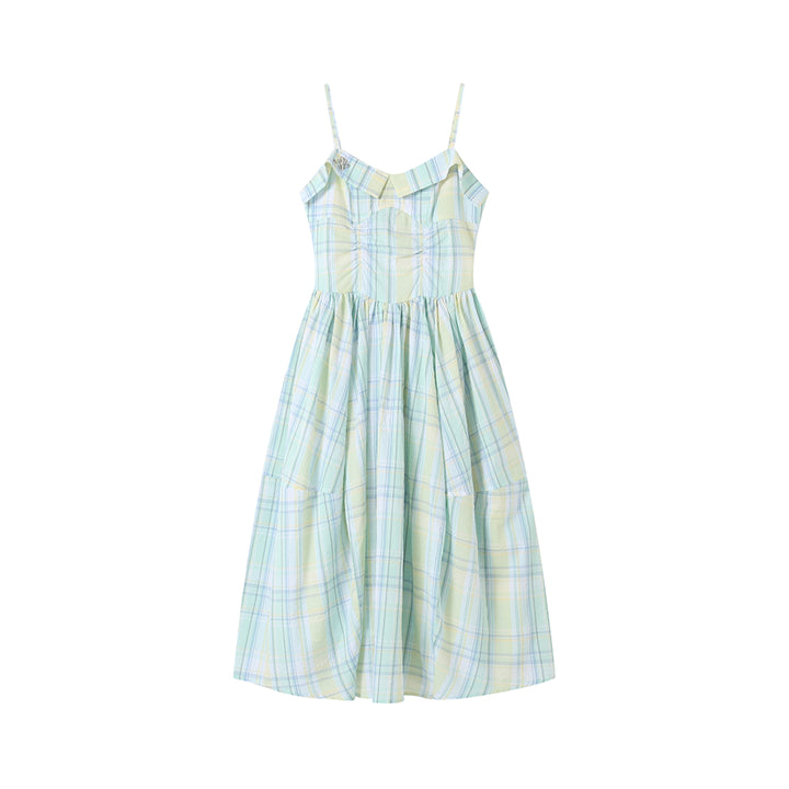 SomeSowe Pleated Checked Long Slip Dress Green