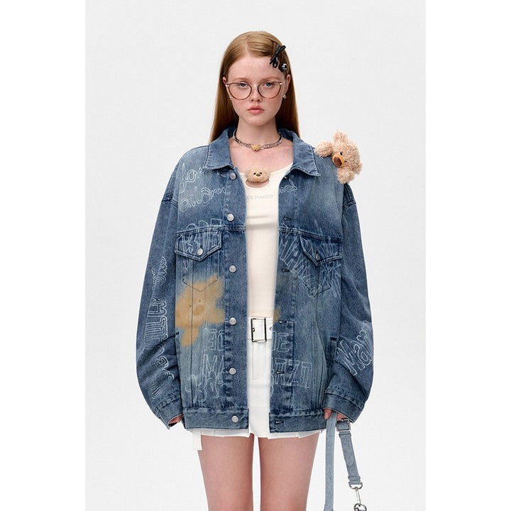 13De Marzo Full Graffiti Retro Washed Denim Jacket Blue