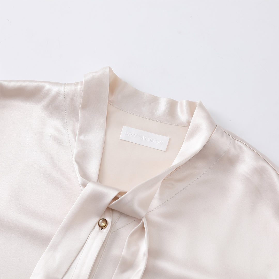 Three Quarters Acetate Satin Ribbon V-Neck Shirt Beige