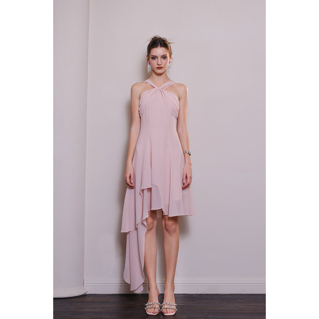 Diana Vevina Asymmetrical Hem Halter Long Dress Pink
