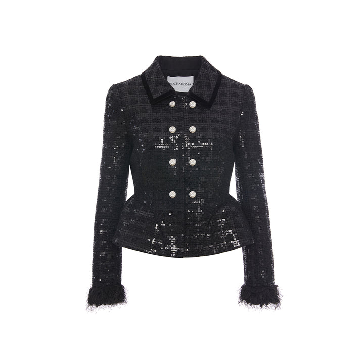 Rocha Roma Sequin Tweed Fluffy Cuff Jacket Black