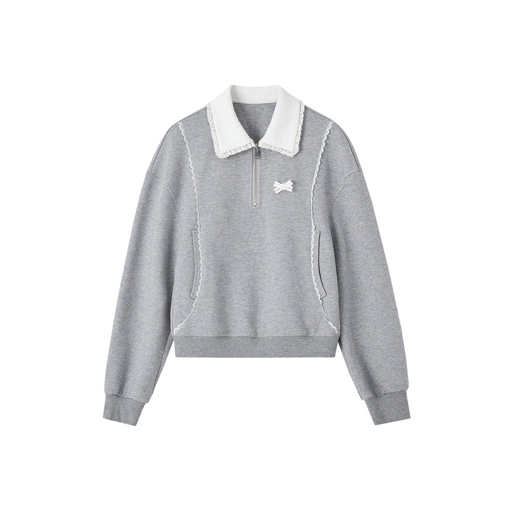 SomeSowe Contrast Color Lace Edge Polo Sweatshirt Gray