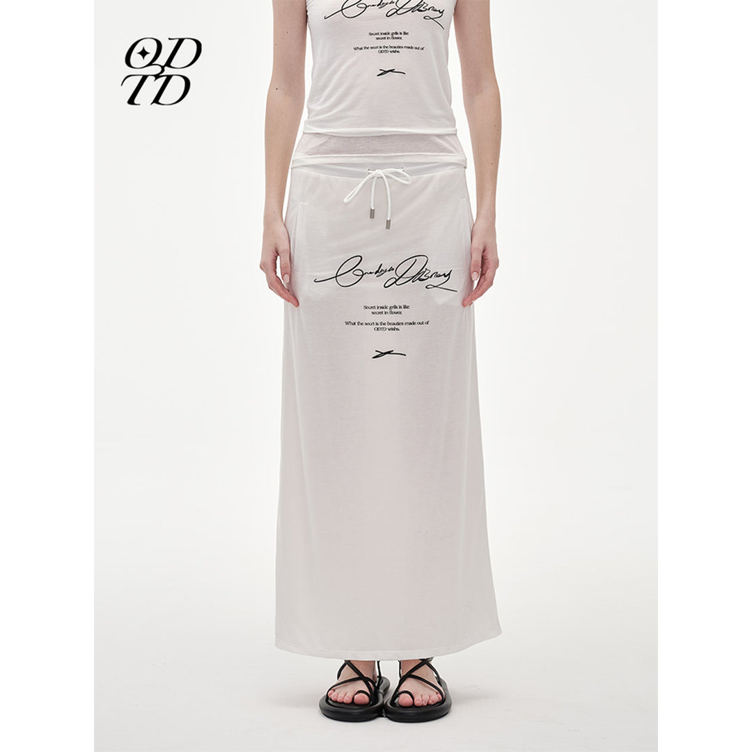 ODTD Printed Slogan Drawstring Maxi Skirt White