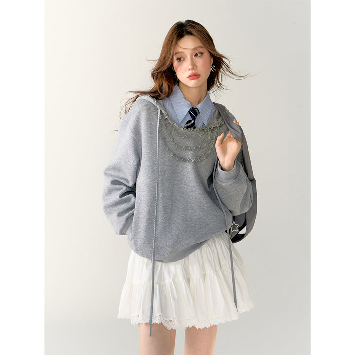 AsGony 3D Lace Edge Patchwork Casual Sweater Gray