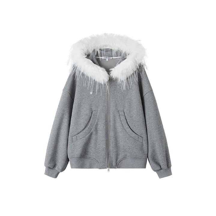 SomeSowe Detachable Fur Collar Hooded Top Jacket Gray