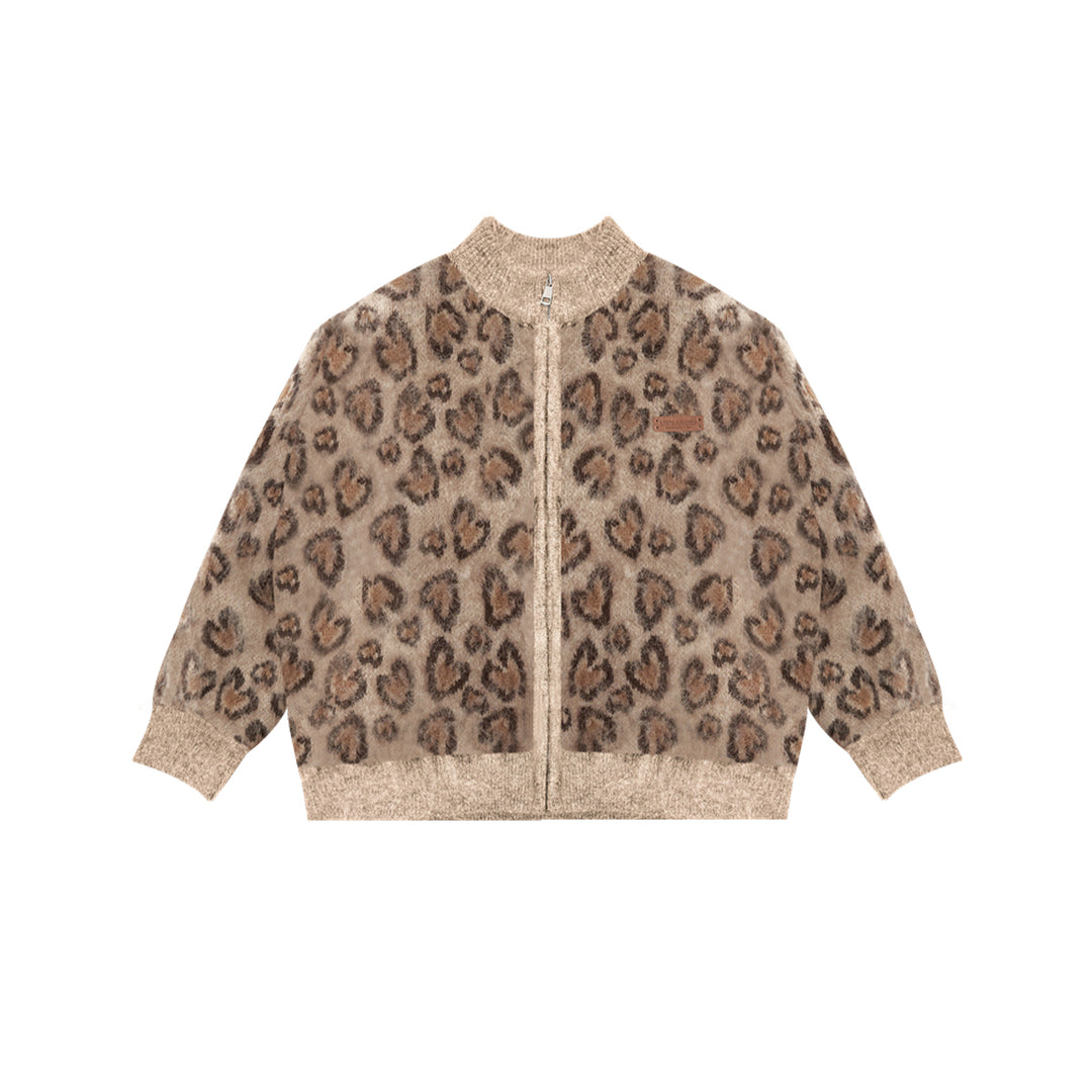 AsGony Blended Woolen Retro Leopard Knit Cardigan Brown