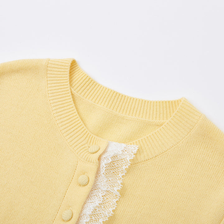 SomeSowe Lace Edge Round-Neck Knit Cardigan Yellow