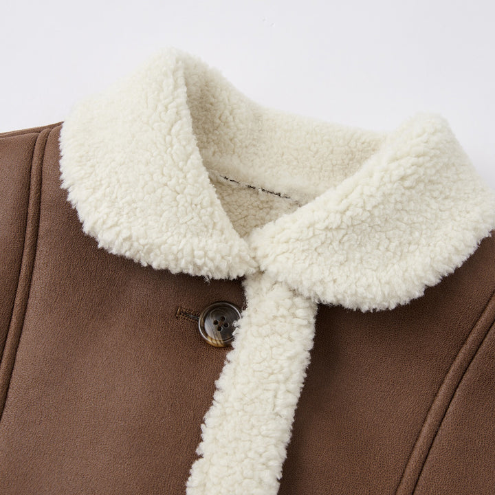 SomeSowe Lapel Leather Integrated Furry Short Jacket Brown