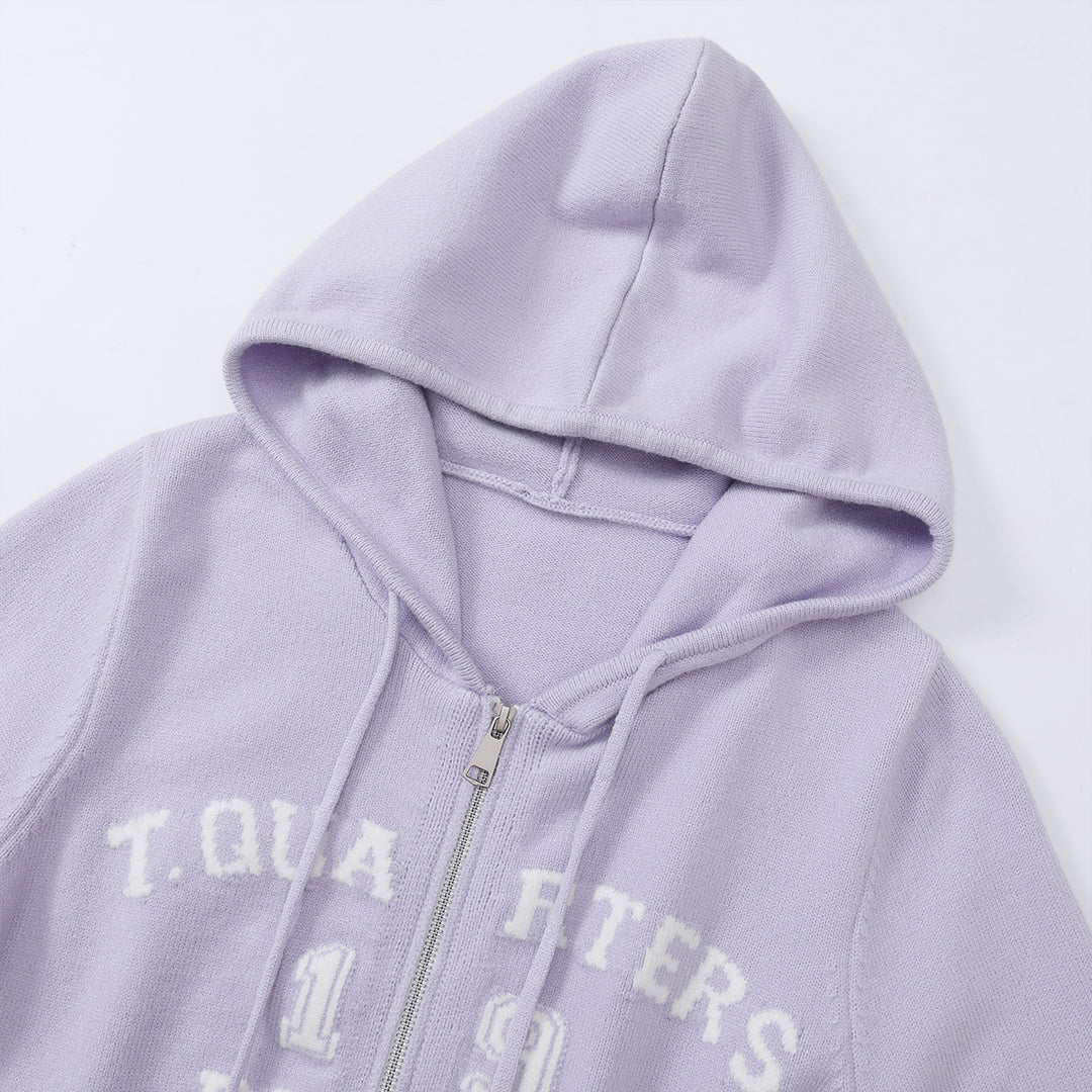 Three Quarters Letter Embroidery Hooded Jacket Purple - Mores Studio