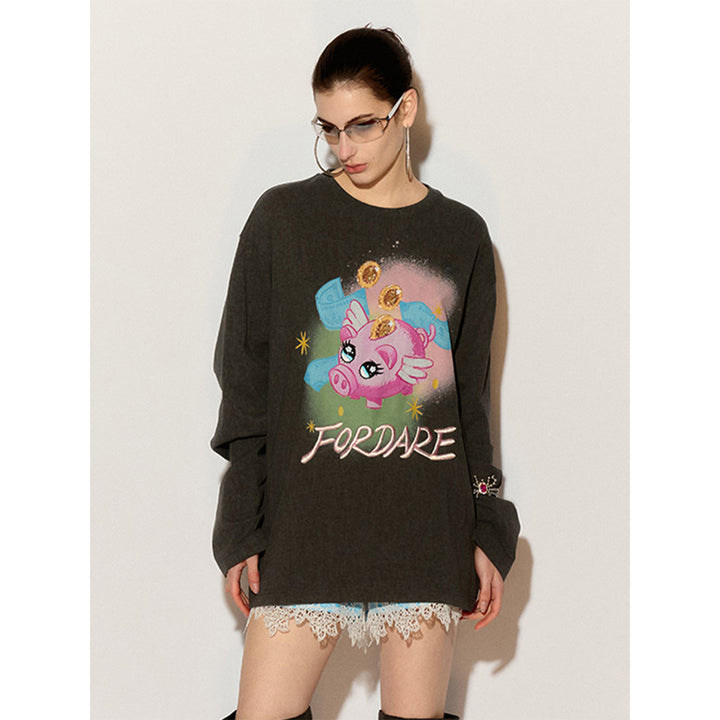 Fordare Fortune Pig Printed Washed Top