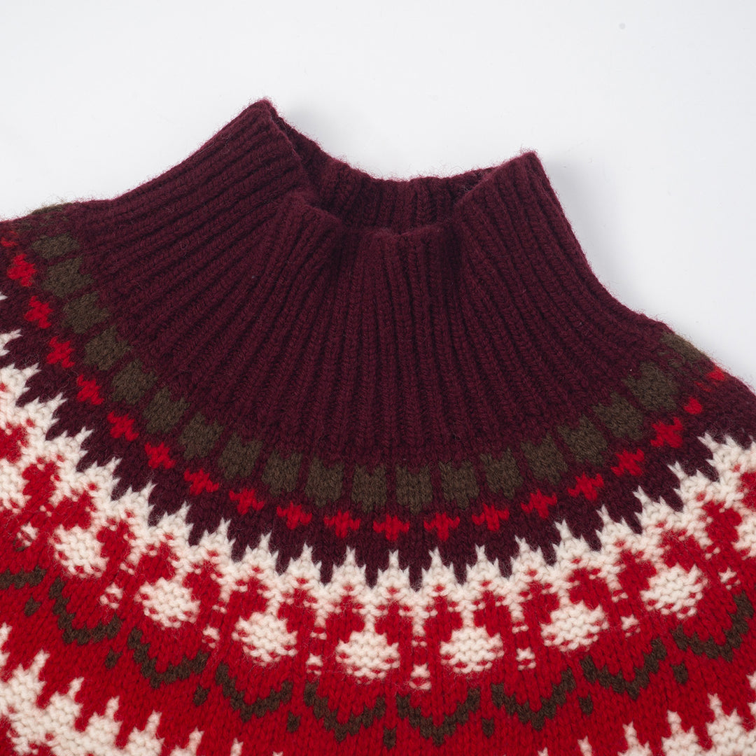 Three Quarters Fair Isle Jacquard Color Contrast High Collar Sweater Red