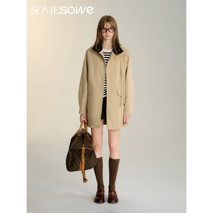 SomeSowe Detachable Big Bow Long Jacket Khaki