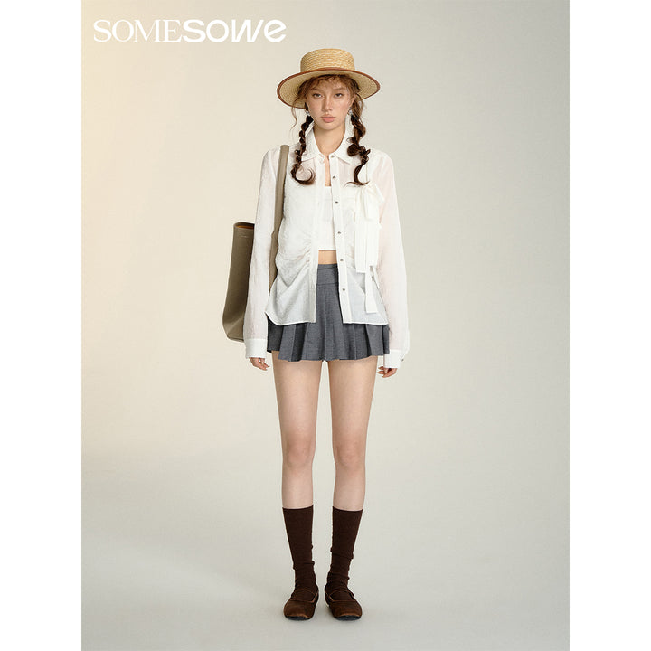 SomeSowe Bow Waisted Pleated Shirt White