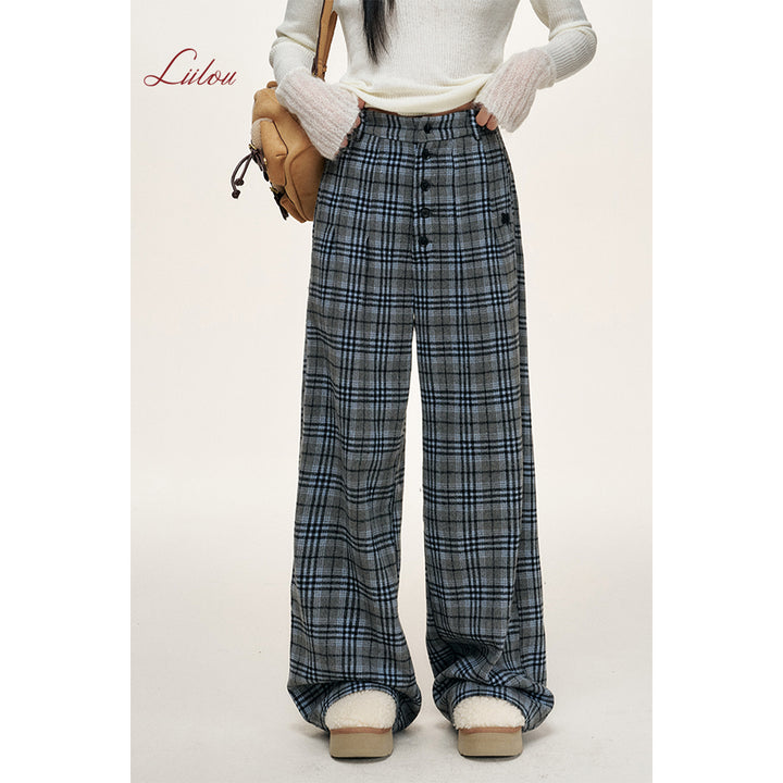 Liilou Plaid Contrast Color Wide-Leg Tweed Pants Blue