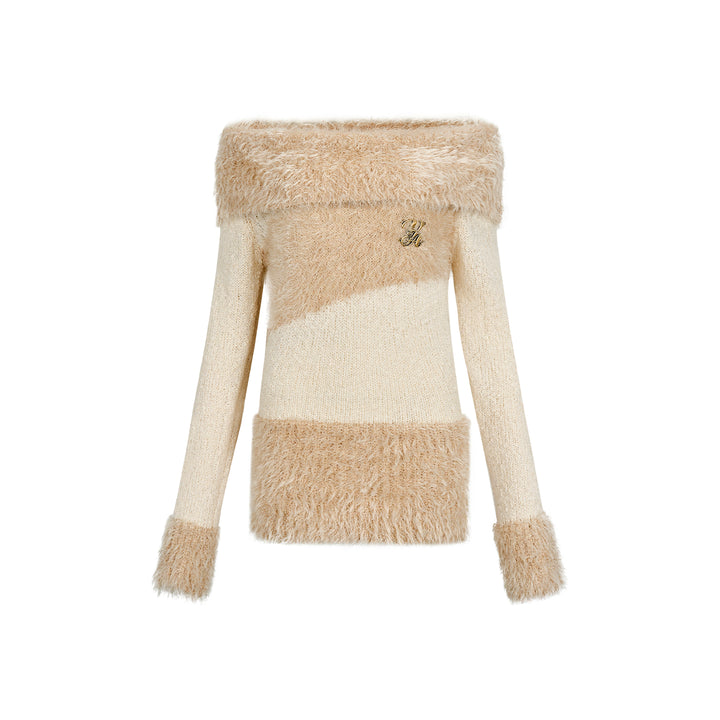Via Pitti Color Blocked Fluffy Off-Shoulder Sweater