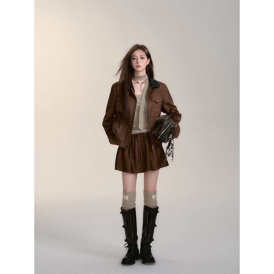 Via Pitti Fake-2-Piece Suede Short Skirt Brown