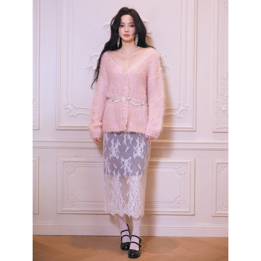 Rocha Roma Mohair V-Neck Knitted Cardigan Pink