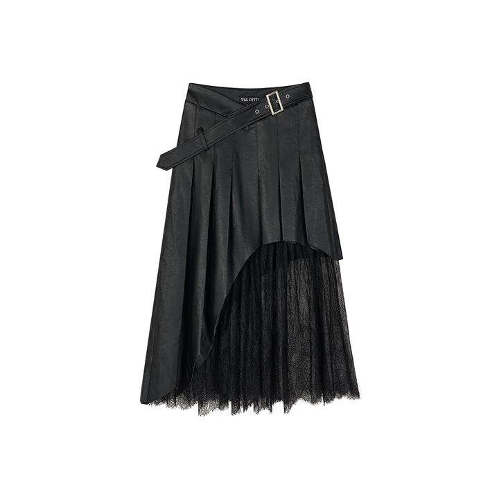 Via Pitti Irregular Lace Patchwork Leather Skirt Black