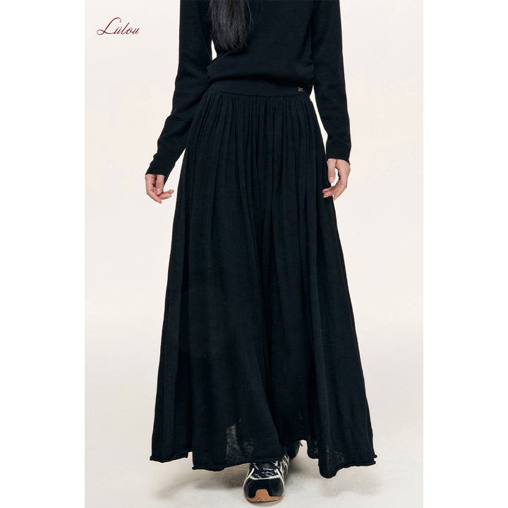 Liilou Draped Elastic-Waist Woolen A-Line Long Skirt Black