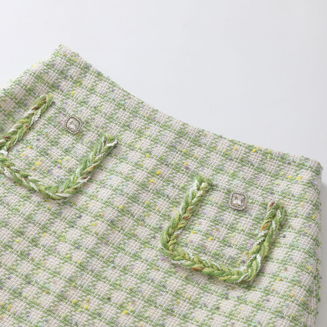 Three Quarters Checkered Pocket Tweed Skirt - Mores Studio