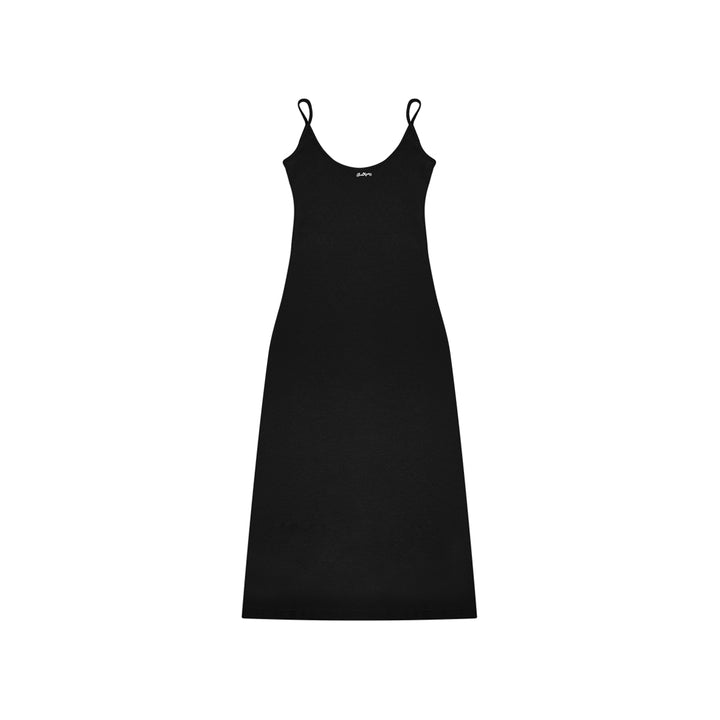 AsGony U-Neck Waisting Slim Fit Slit Long Dress Black