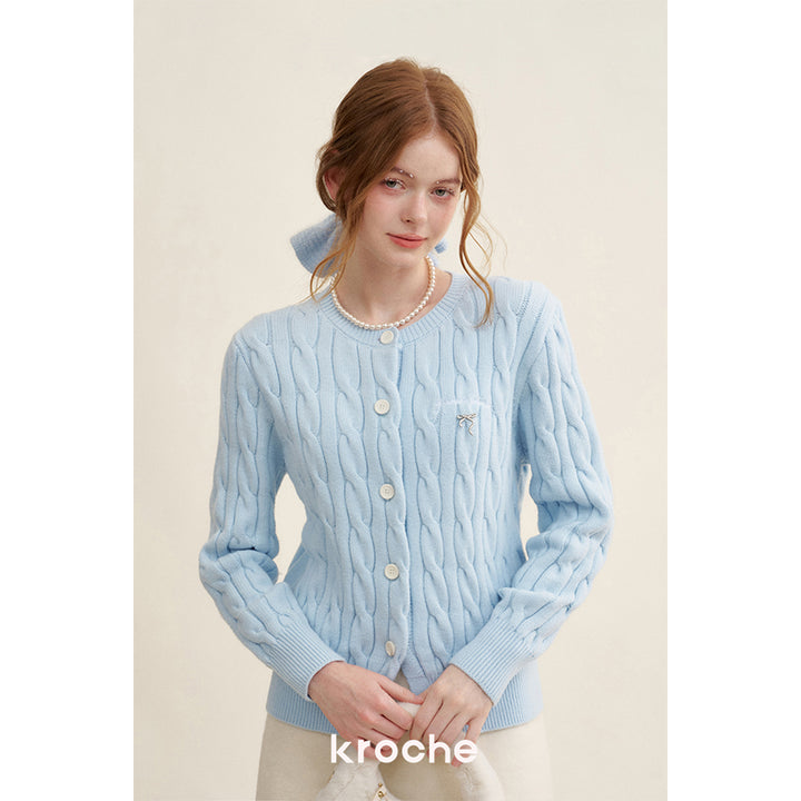 Kroche Blended Woolen Bow Embroidery Twist Cardigan Blue