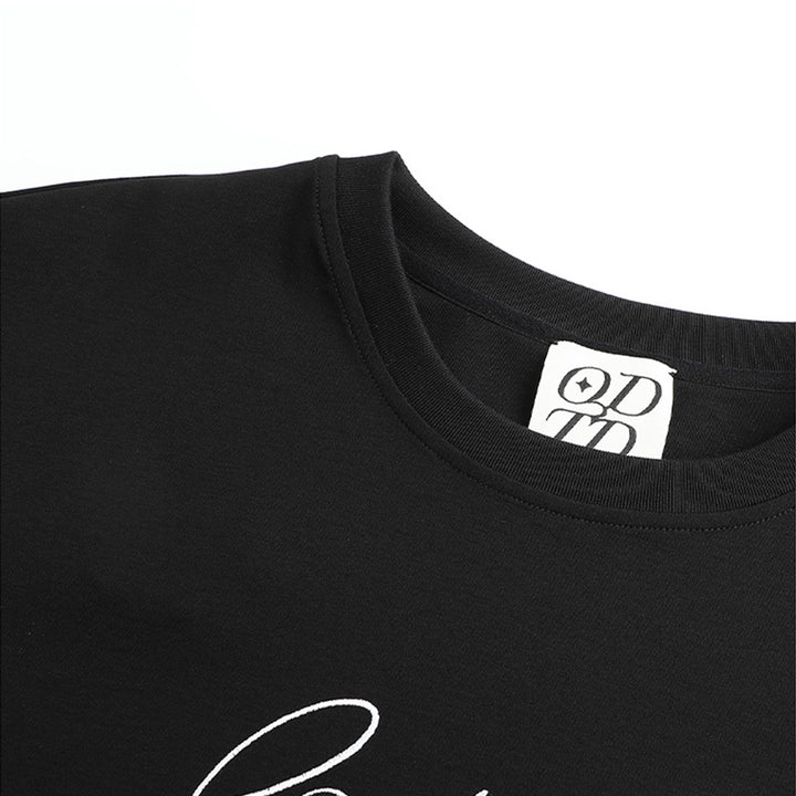 ODTD Embroidery Handwritten Slogan Logo Loose T-Shirt Black