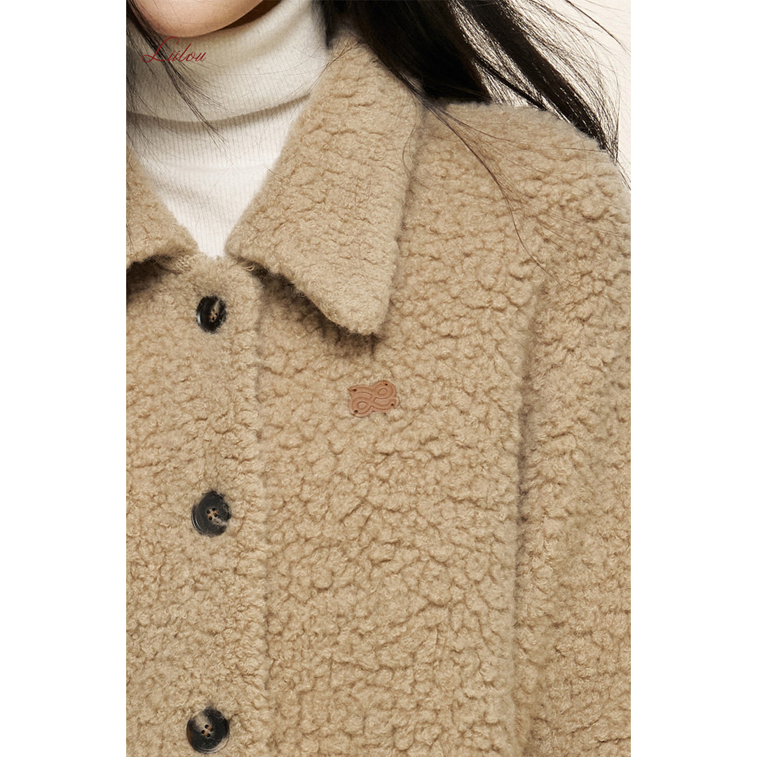 Liilou Loop Woolen Lapel Fleece Cardigan Khaki