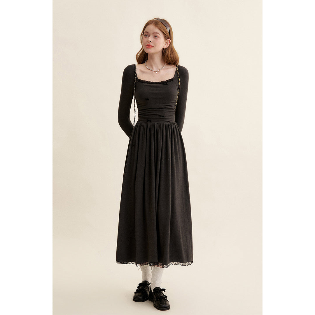 Kroche Velvet Bow Square Neck Waisted Dress Black