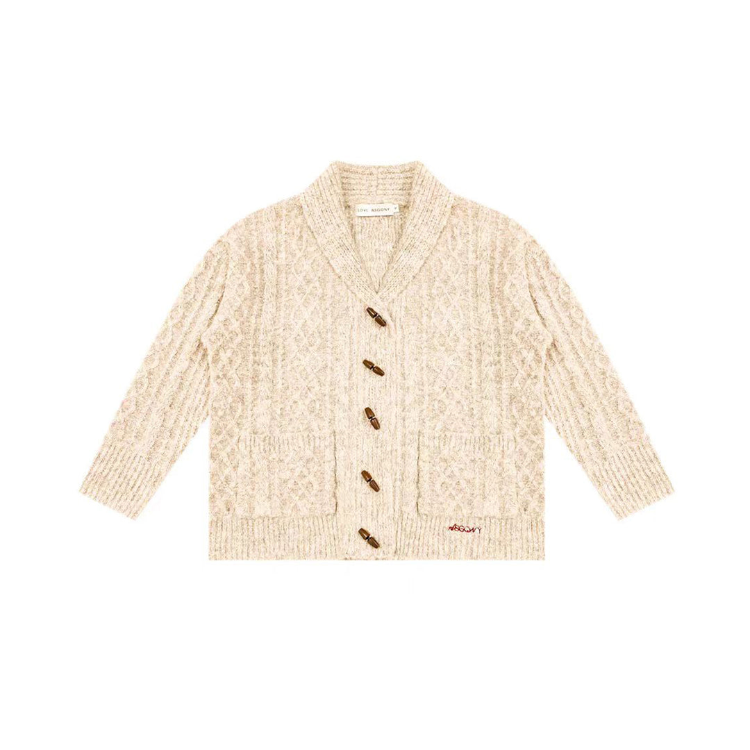 AsGony Blended Woolen Twist Lapel Knit Cardigan Khaki